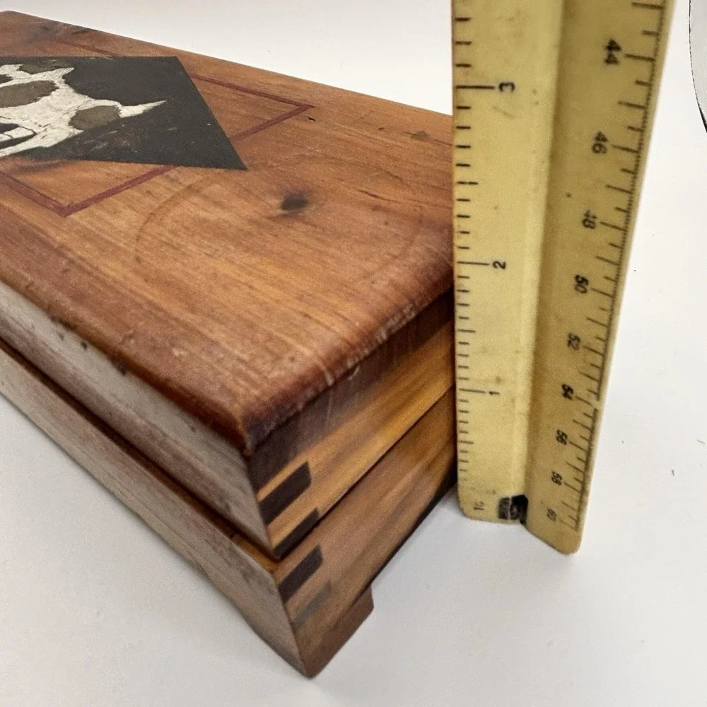 Vtg Wooden Jewelry / Trinket Box Dove Tail Joints Mirrored Dog Terrier HandPaint